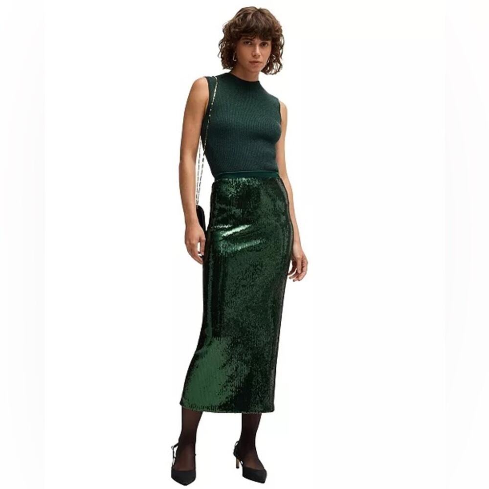 Hugo Boss $365 Sequin Relaxed-Fit Maxi Avant Garde Skirt Open Green XS